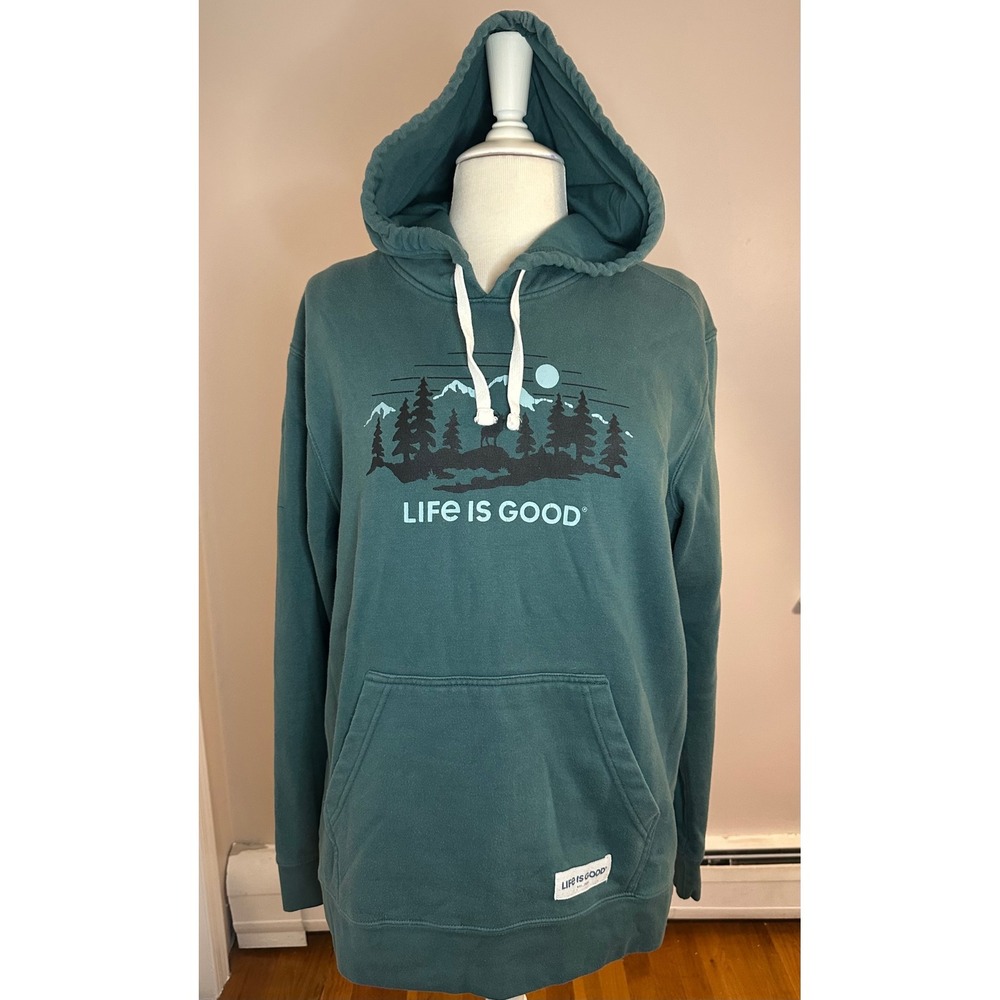 Life is Good Mens Medium Hoodie Teal Green Mountain Forest Graphic Sweatshirt
